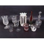 Mixed collection of antique and later glassware to include two etched celery vases, opaline glass