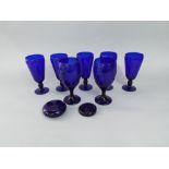 Collection of Bristol Blue type glassware comprising a set of five goblets together with a further