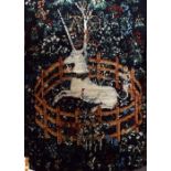 Mid 20th century shag pile rug decorated with a unicorn under a tree on a black ground, 200 x 110