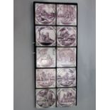 A set of ten 19th century tin glazed earthenware tiles with painted manganese purple painted