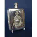 Royal Marines pewter hip flask with applied cast crest for the Gibraltar Regiment, 12cm long