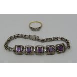 18ct three stone diamond ring, size M, 1.8g, together with an Art Deco style silver, amethyst