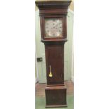 A Georgian oak longcase clock, the square dial (12 inches) in brass with silvered chapter ring and
