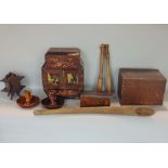 A collection of treen items to include a Japanese lacquered table top cabinet fitted with various