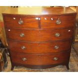 A mid-19th century mahogany bow fronted chest of three long and two short drawers on swept supports,