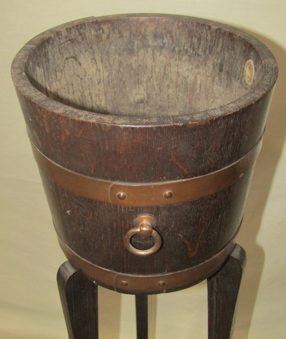 A Lister coopered oak jardiniere and stand, with swept supports - Image 3 of 3