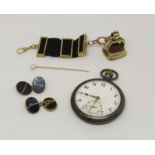 Interesting mixed lot of antique yellow metal items to include a ribbon watch fob suspending a