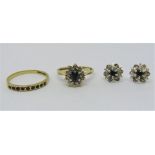 Group of 9ct jewellery comprising a pair of white gold sapphire and diamond cluster stud earrings, a