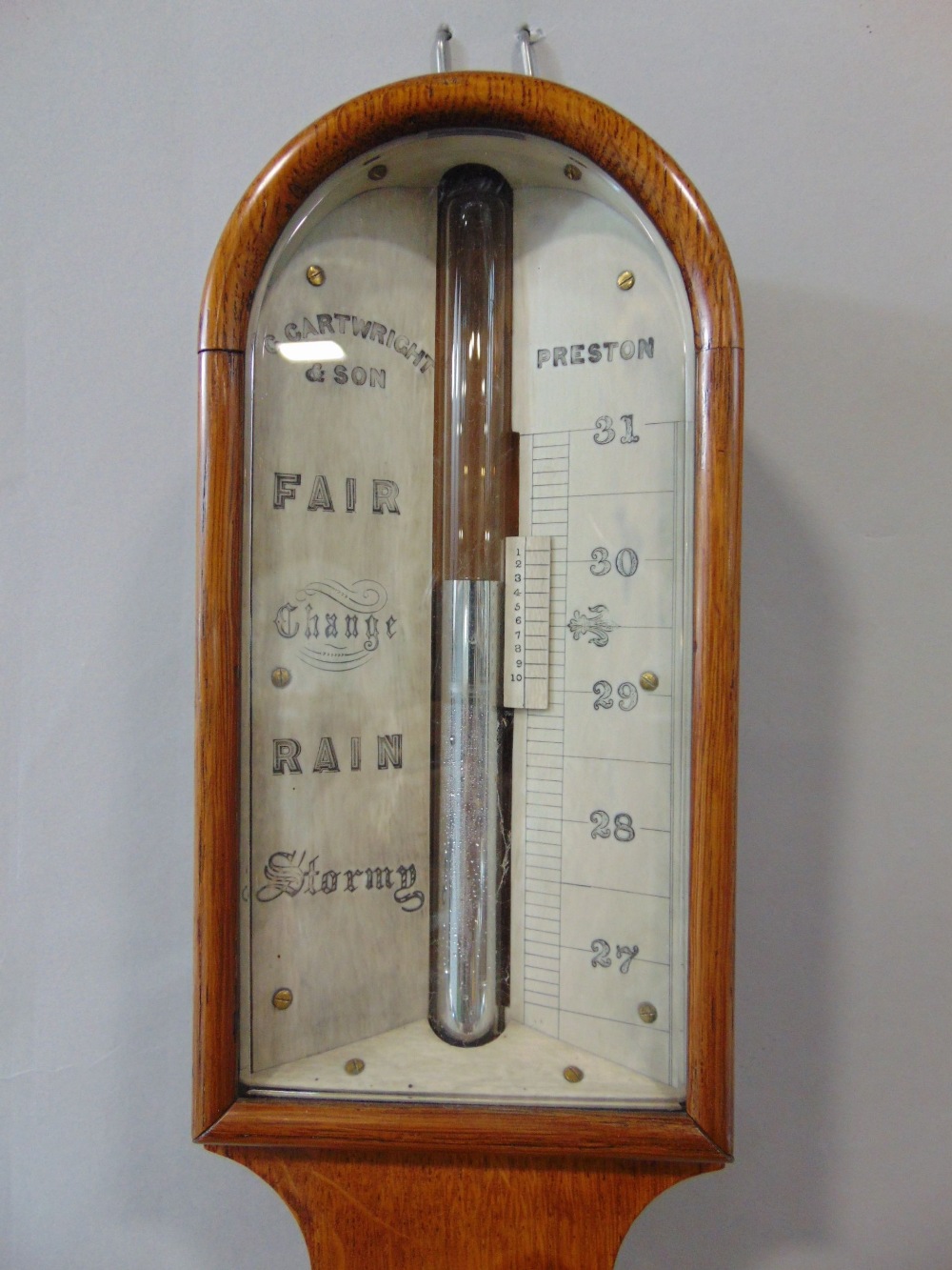 A good 19th century golden oak stick mercury barometer/thermometer, by G Cartwright & Son or - Image 2 of 2