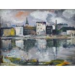 Leon Bluno (20th century) - River scene with buildings and figures, oil on board, signed Leon and