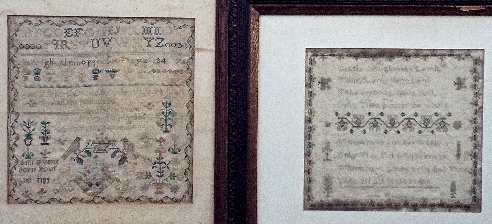 A late 18th century needlework sampler by Ann Evens, dated 1789, 33 x 32.5 cm, together with a