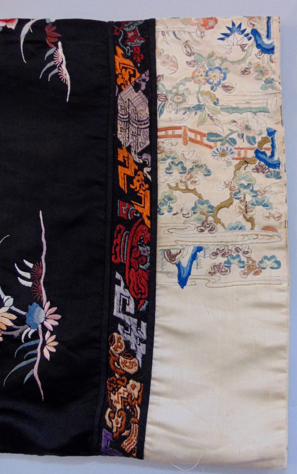 Late 19th/ early 20th century Chinese robe with black silk ground extensively embroidered with - Image 3 of 9