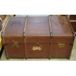 A vintage green canvas travelling trunk with timber lathes, one other, a vintage wicker work laundry
