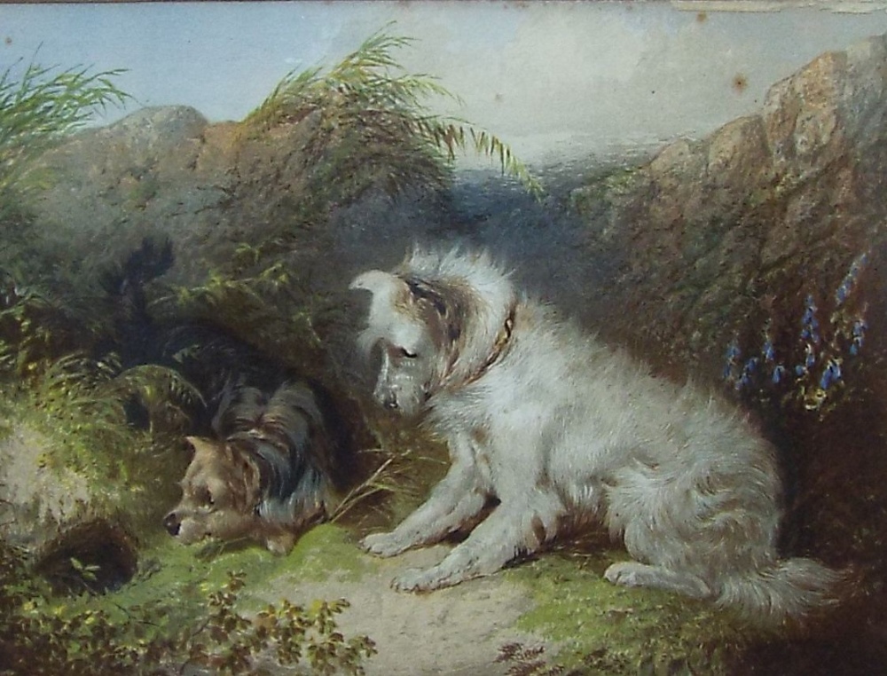 A 19th century chromolithograph of a pair of terriers at a burrow, together with a sepia print of