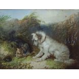A 19th century chromolithograph of a pair of terriers at a burrow, together with a sepia print of