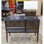 A pair of decorative side cabinets with inset veined marble tops over an arrangement of real and