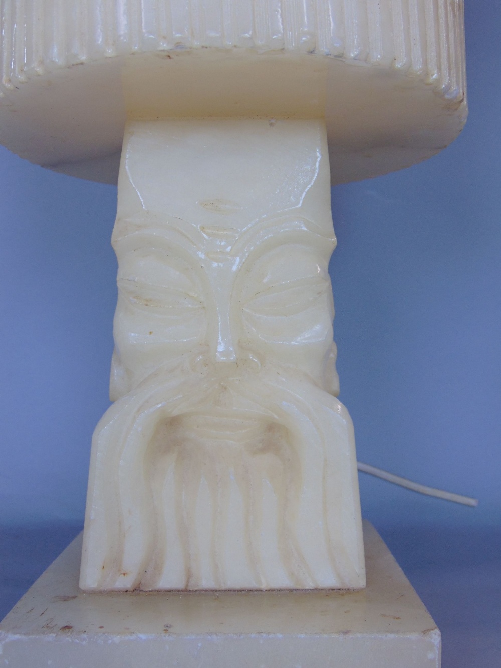 Interesting carved alabaster lamp in one piece with fluted shade and column relief form of a bearded - Image 2 of 2