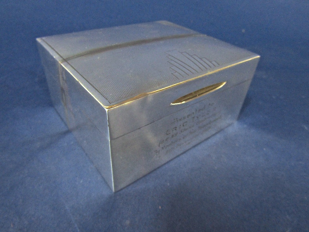 1930s art deco engine turned cigarette box with fan motif to lid, the hinged lid enclosing a cedar