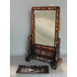 Japanese rosewood and mother-of-pearl inlaid dressing mirror, decorated with various scrolled