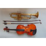 Cased Antoni violin with two bows, two cases, together with a further cased Grafton trumpet and