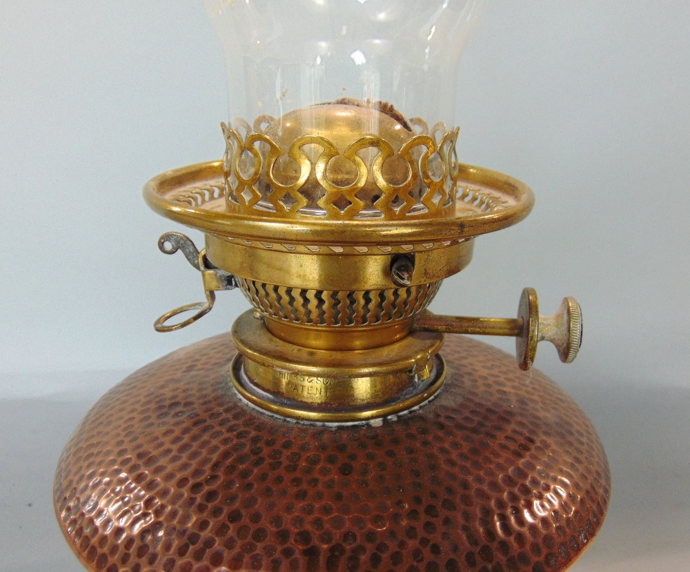 Benham & Froud planished copper oil lamp upon a barley twist wrought iron and copper tripod stand, - Image 3 of 3