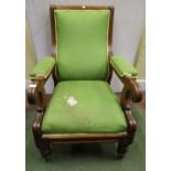 A mid-Victorian period drawing room or library chair with carved and moulded oak showwood frame with