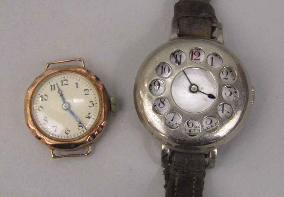 Vintage ladies 9ct gold watch head with champagne dial and Arabic numerals, together with a trench - Image 2 of 2