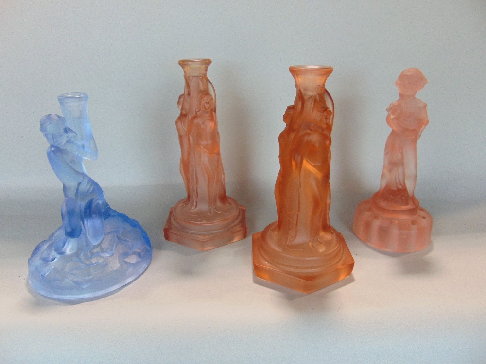 Four Art Deco glass centre pieces to include a pair of Three Graces on rocks figurine by Walther &