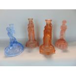 Four Art Deco glass centre pieces to include a pair of Three Graces on rocks figurine by Walther &