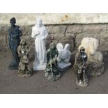 Weathered contemporary garden ornaments, mainly composite to include very small statues, gargoyle,