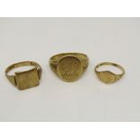 Three 9ct signet rings, largest size R, 9.3g total (3)