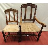 A set of eight (6+2) oak dining chairs with turned legs and spindles, carved cresting rails and rush