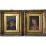19th century school - pair of shoulder length portraits of male and female characters, oil on board,