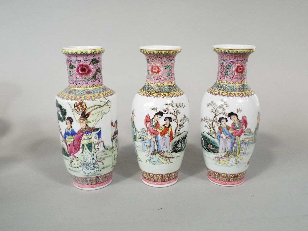 A collection of modern oriental vases with various character and landscape decoration on a white - Image 3 of 5