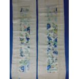 Two 20th century oriental silk panels with hand embroidered sections depicting figures, flowers