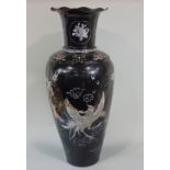 A very large oriental black lacquer and mother-of-pearl balustrade vase inlaid with dragon phoenix
