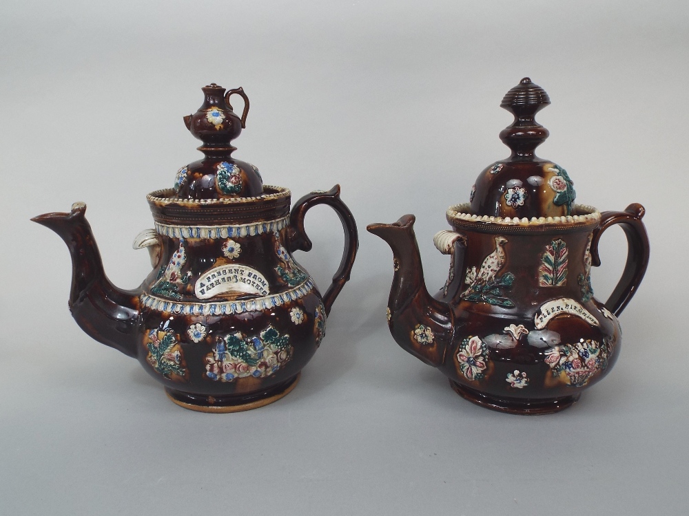 Three 19th century bargeware teapots of usual form with teapot knops and relief moulded - Image 3 of 3