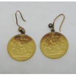 Pair of half sovereign drop earrings, both dated 1909, 8.5g total