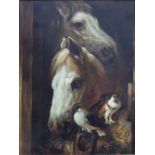 19th century British school - Study of two ponies and a pair of pigeons at a stable door, oil on