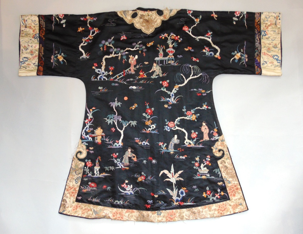 Late 19th/ early 20th century Chinese robe with black silk ground extensively embroidered with - Image 7 of 9