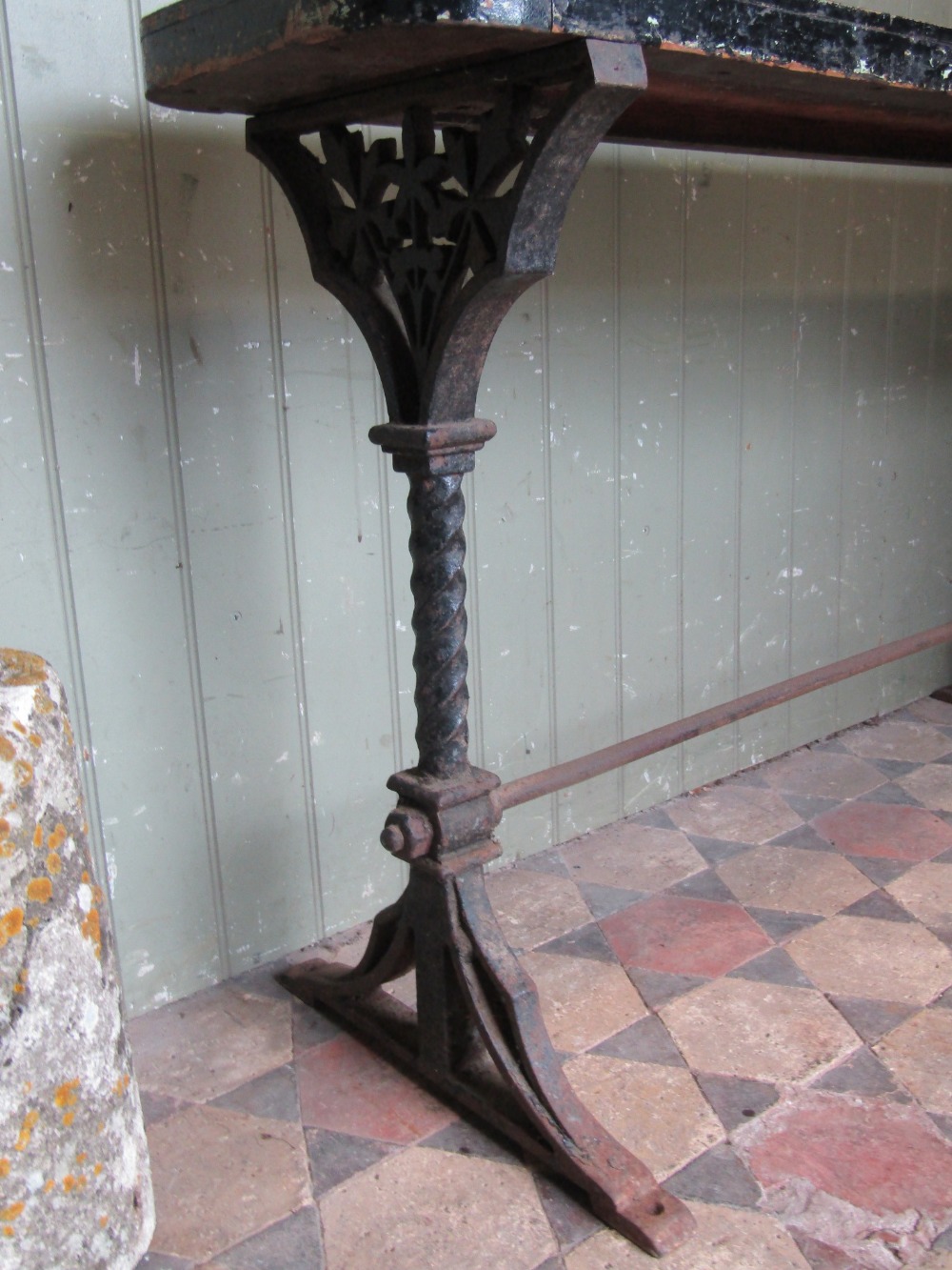 A Victorian Gothic revival cast iron table with possibly associated rectangular narrow timber top, - Image 2 of 2