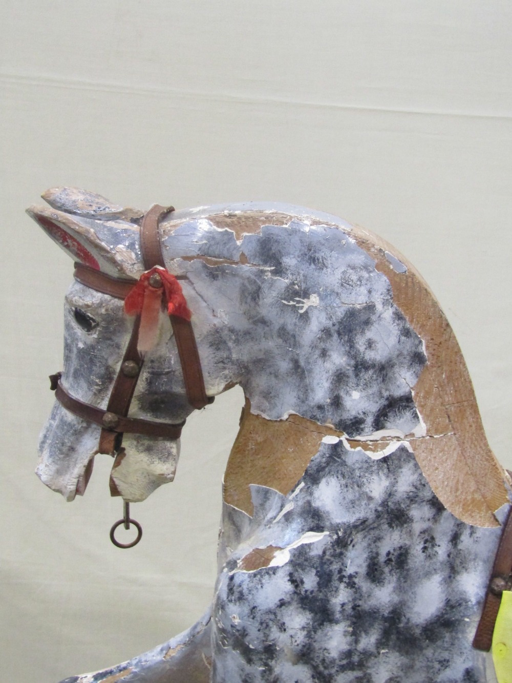 A vintage traditional wooden rocking horse with dapple grey painted finish, raised on a pine and - Image 2 of 2