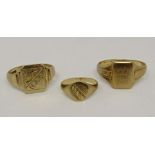 Three engraved 9ct signet rings, sizes T, P/Q & F/G, 9.5g total (3)