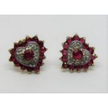 9ct pink ruby and diamond heart shaped stud earrings, 1.7g total