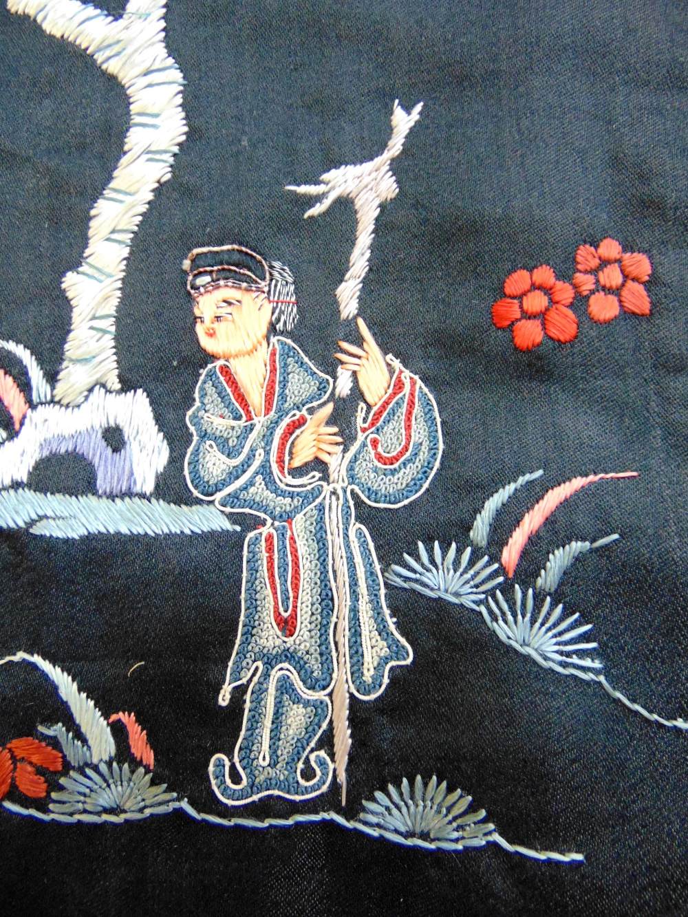 Late 19th/ early 20th century Chinese robe with black silk ground extensively embroidered with - Image 6 of 9