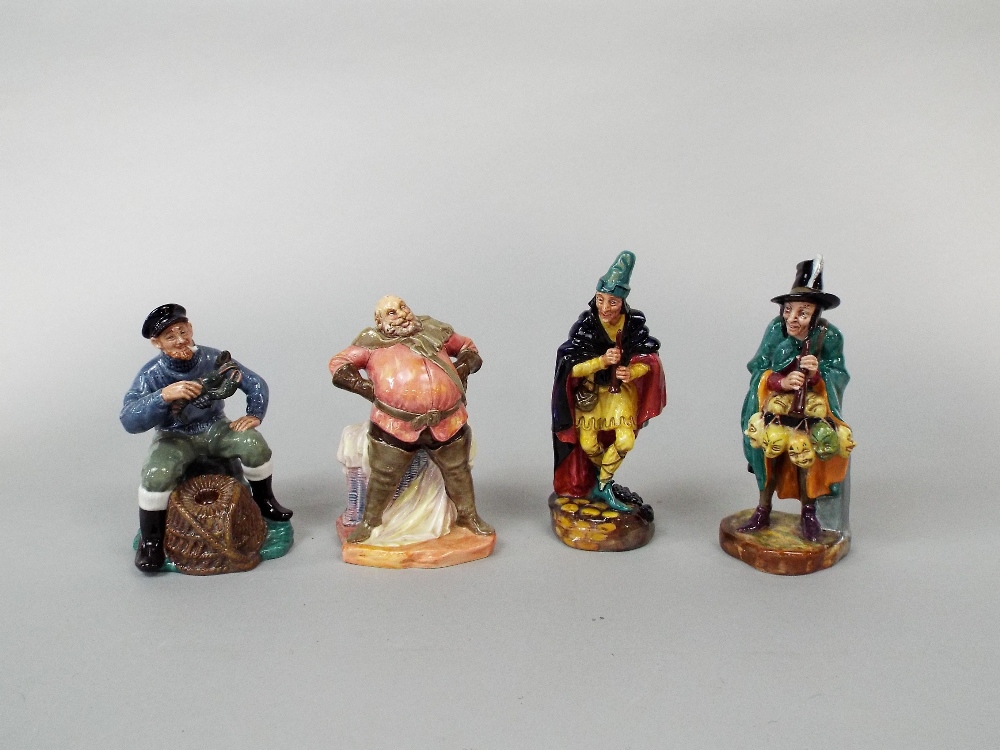 Four Royal Doulton figures comprising The Mask Seller HN2103, The Pied Piper HN2102, Falstaff HN2054