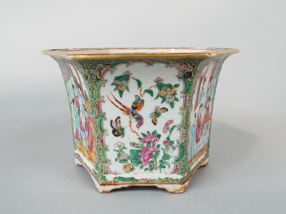 A 19th century Cantonese jardiniere of hexagonal form with flared rim and polychrome painted - Image 2 of 2