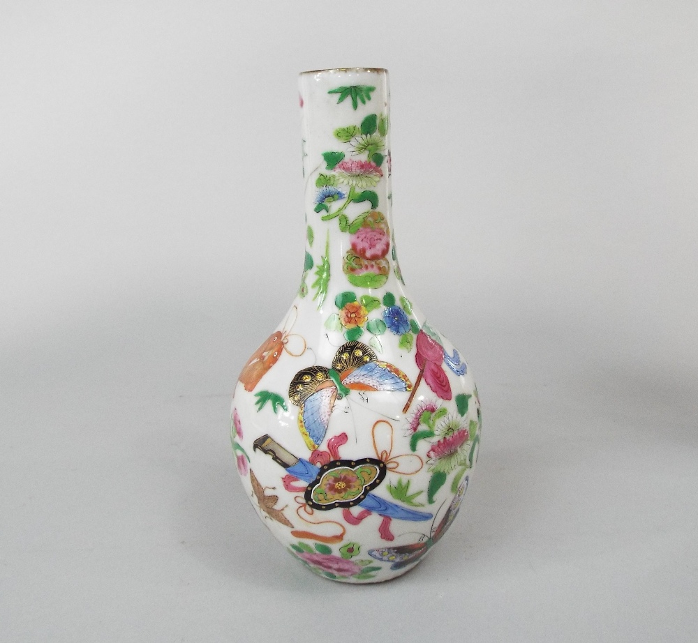 A 19th century Cantonese bottle shaped vase with polychrome painted insect, fish and trophy - Image 2 of 3