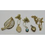 Group of 9ct jewellery comprising an openwork brooch of foliate form together with two fine link