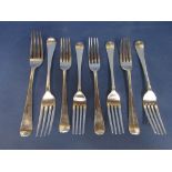 Six various silver dessert forks, five Sheffield 1932, the other London 1918, with two further